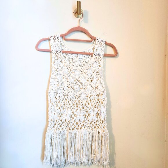 Forever 21 Ivory Boho & Fairycore Crochet Sleeveless Fringe Top | Size S - Picture 1 of 7
